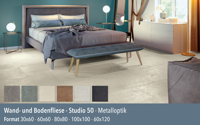 Wand- & Bodenfliese Studio 50 in einem Schlafzimmer mit einem Bett, Lichtquellen und Möbeln sowie einer Farbübersicht im Vordergrund