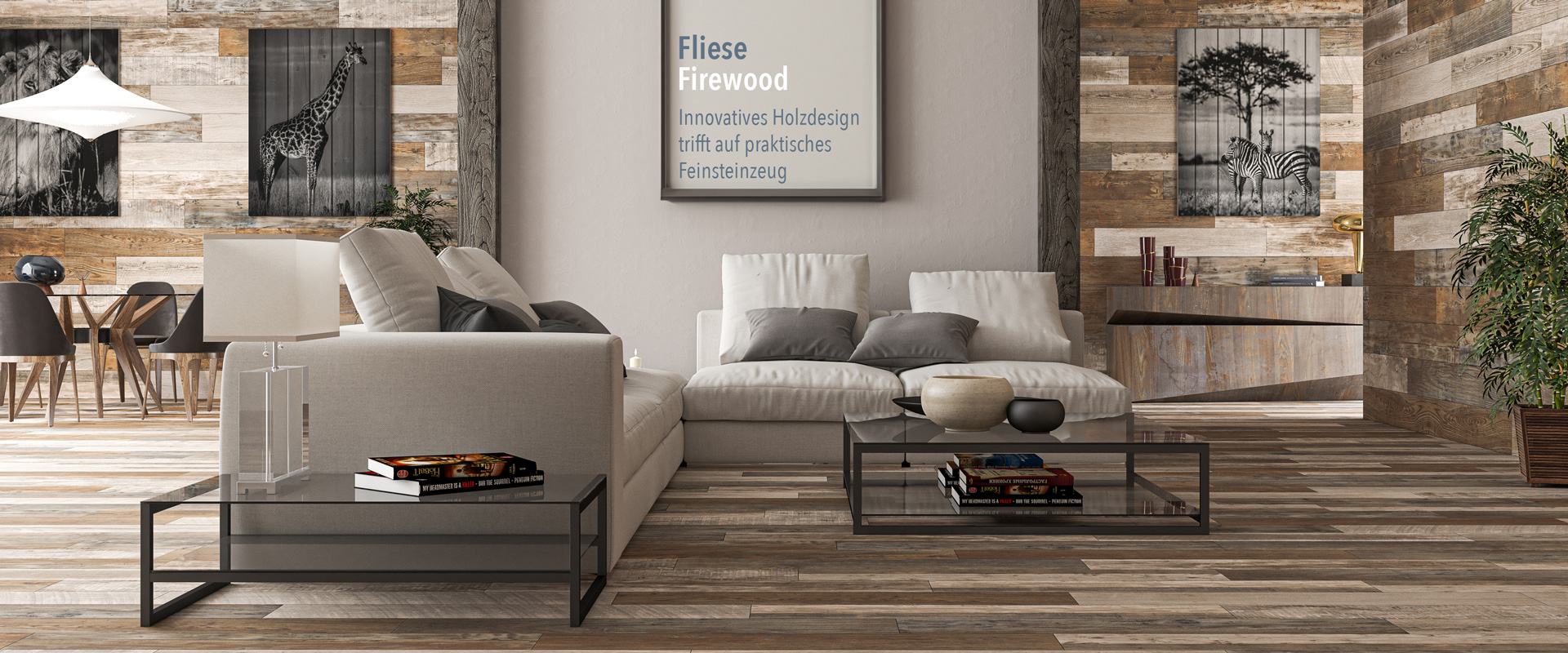 Wohnzimmer mit innovativem Holzdesign der Fliese Firewood mit zwei hellen Zweisitzern, zwei Glastischen, weiteren Sitzgelegenheiten & Bildern von Tieren in schwarz weiß an der Wand